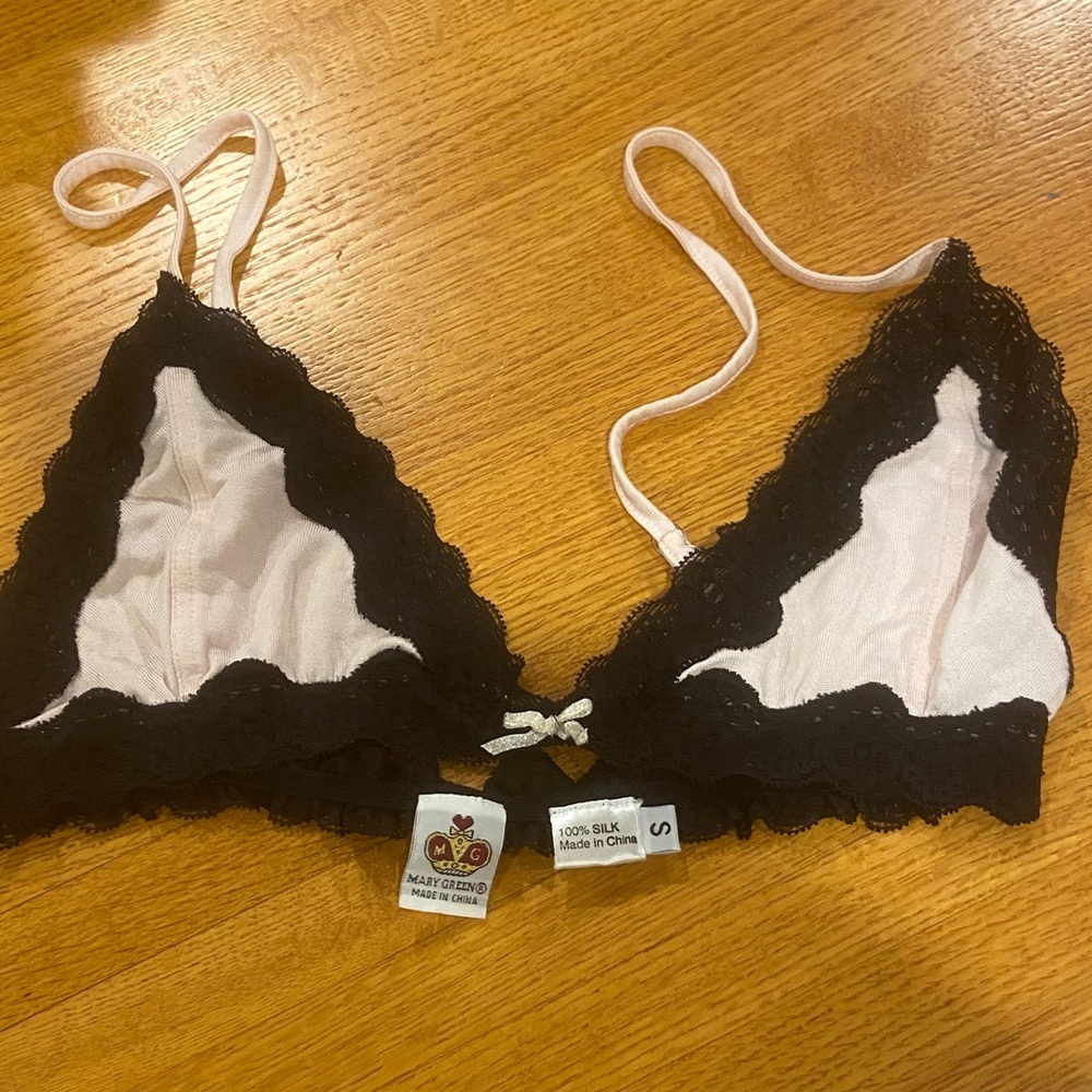 Mary Green Black and Pale Pink Silk Lace Bralette.  Small